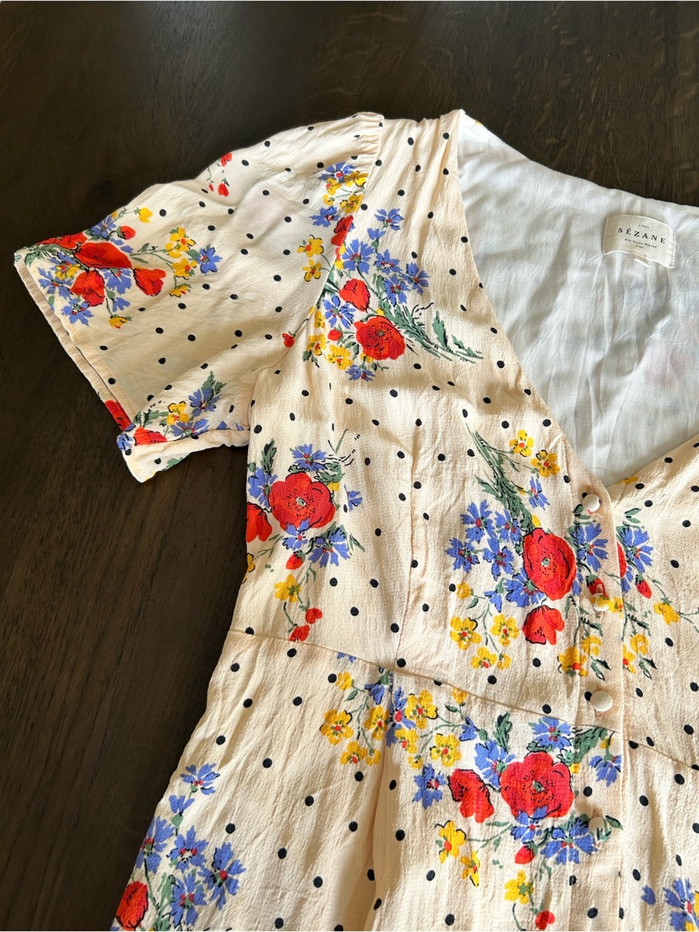 Sezane Lilly dress in poppy print floral mini dress button down short sleeve - Picture 11 of 16